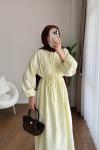 Nervürlü Kuşaklı Elbise Sarı