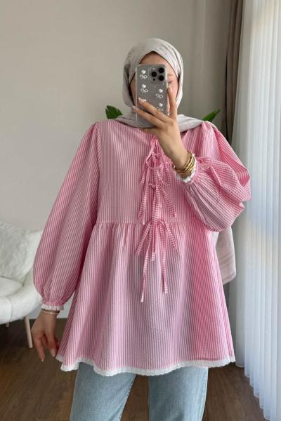 Güpür Detaylı Gofre Tunik  Pembe