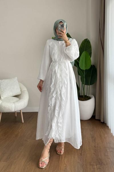 Kumru Fırfırlı Elbise Ekru