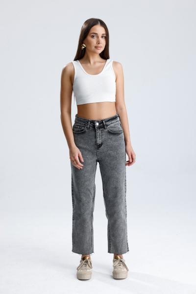 Kesik Paça Likralı Jean Gri