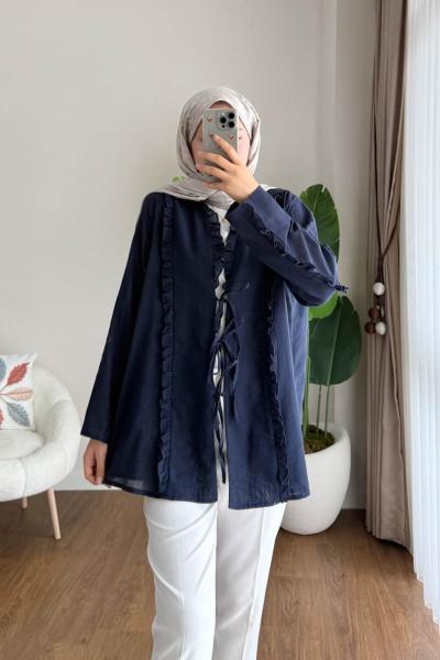 Keten Fırfırlı Tunik Lacivert