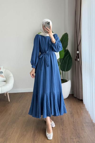 Kolu Bağcıklı Begonya Elbise Lacivert