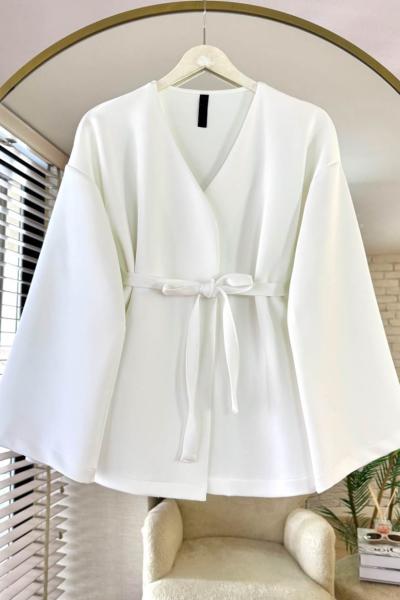 Kuşaklı Scuba Ceket Beyaz