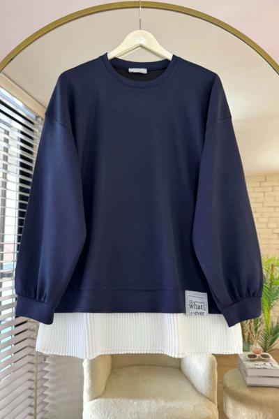 Eteği Piliseli Oversize Tunik  Lacivert