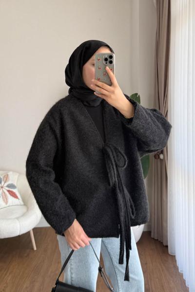 Önü Bağcıklı Kaşmir Ceket Siyah