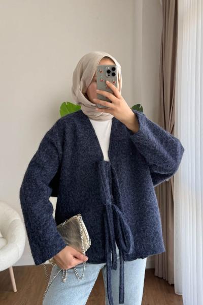 Önü Bağcıklı Kaşmir Ceket Lacivert