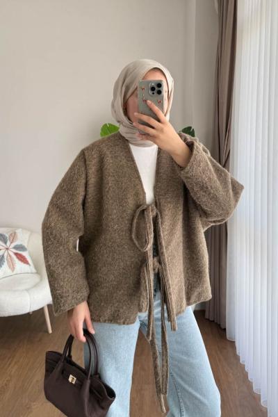 Önü Bağcıklı Kaşmir Ceket Vizon