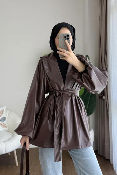 Balon Kol Beli Kuşaklı Deri Trenç  Acı Kahve