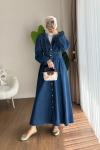 Boydan Düğmeli Beli Lastikli Kot Elbise Lacivert