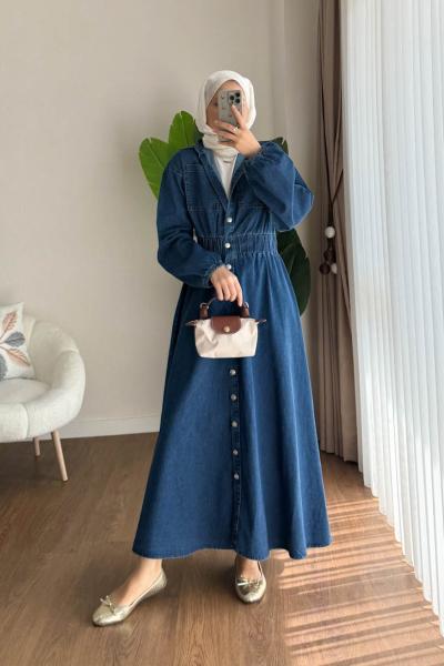 Boydan Düğmeli Beli Lastikli Kot Elbise Lacivert