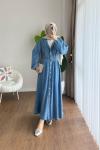 Boydan Düğmeli Beli Lastikli Kot Elbise Mavi