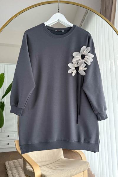 Keten Çiçek Detaylı Tunik Füme