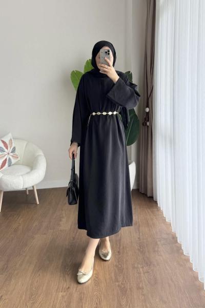 Beli Zincirli Tensel Elbise Siyah