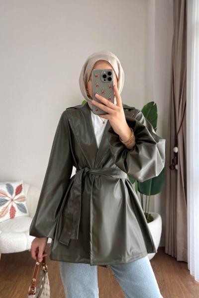 Balon Kol Beli Kuşaklı Deri Trenç  Haki