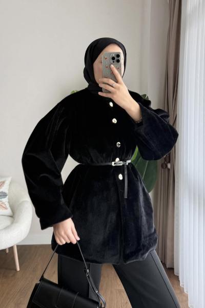 Düğmeli Tay Tüyü Ceket Siyah