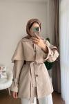 Pelerin Detaylı Ara Boy Trenç Krem