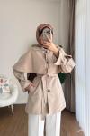 Pelerin Detaylı Ara Boy Trenç Krem