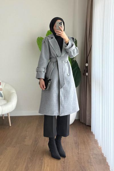 Omuz Apoletli Kaşe Kaban Gri