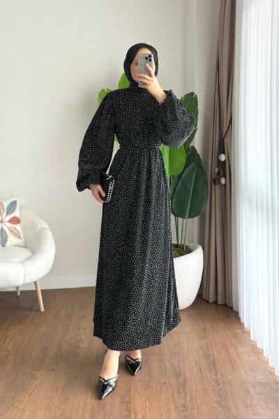 Balon Kol Taşlı Nobel Elbise Siyah