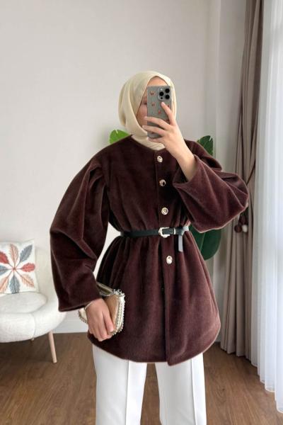 Düğmeli Tay Tüyü Ceket Kahverengi