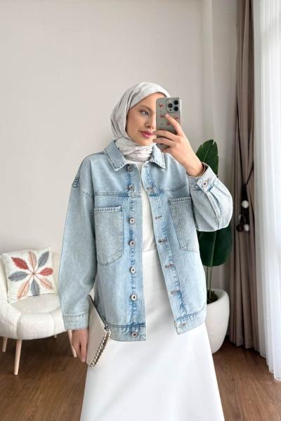 Taş Detaylı Kot Ceket Mavi