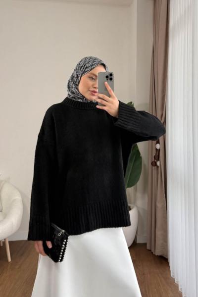 Oversize Bisiklet Yaka Kazak Siyah