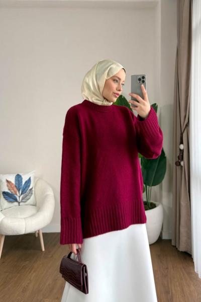 Oversize Bisiklet Yaka Kazak Bordo