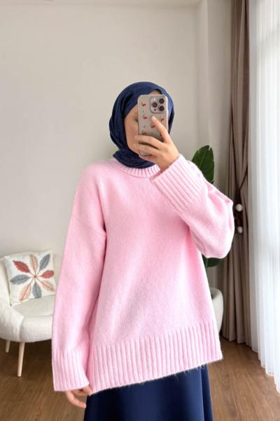 Oversize Bisiklet Yaka Kazak Pembe