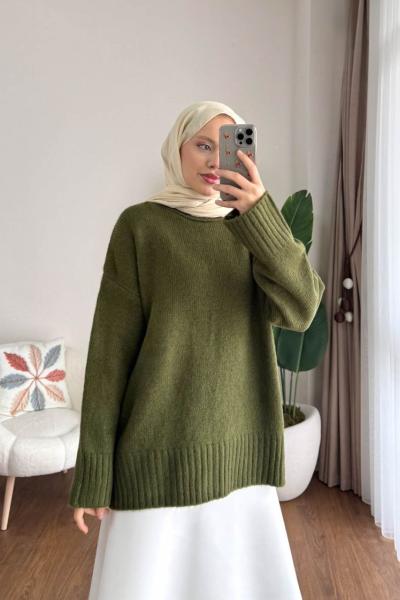 Oversize Bisiklet Yaka Kazak Yeşil