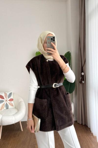 kemerli Tay Tüyü Yelek Kahverengi