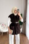 kemerli Tay Tüyü Yelek  Kahverengi