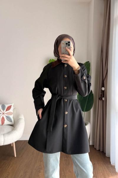 Süwet Yaka Bondit Trenç Siyah