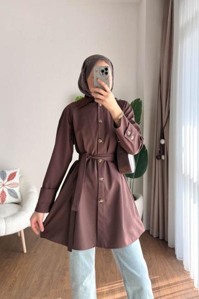 Süwet Yaka Bondit Trenç Kahverengi