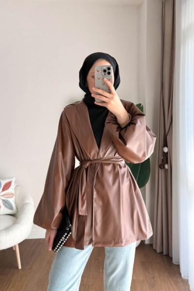 Balon Kol Beli Kuşaklı Deri Trenç  Kahverengi