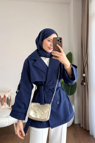 Apoletli Kısa Trenç  Lacivert