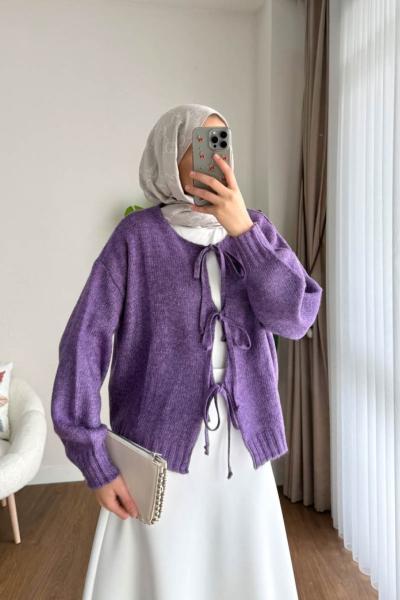 Bağcıklı Laura Hırka  Mor