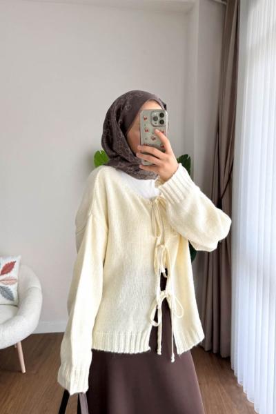 Bağcıklı Laura Hırka  Krem