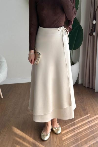 Bağlamalı Scuba Etek Bej