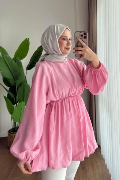 Balon Etekli Beli Lastikli Tunik Pembe