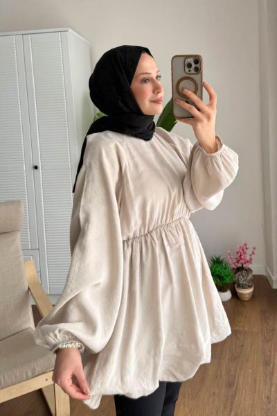 Balon Etekli Beli Lastikli Tunik Bej