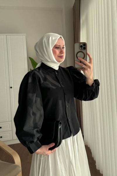 Balon Kol Kısa Gömlek  Siyah