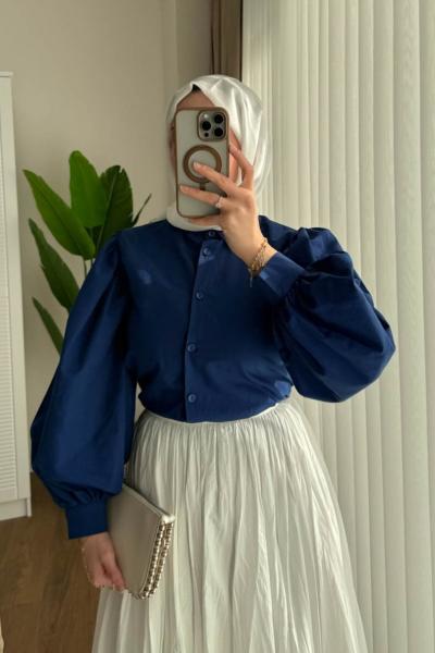 Balon Kol Kısa Gömlek  Lacivert