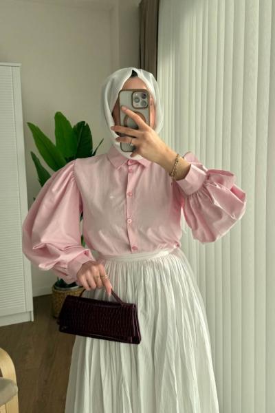 Balon Kol Kısa Gömlek  Pembe