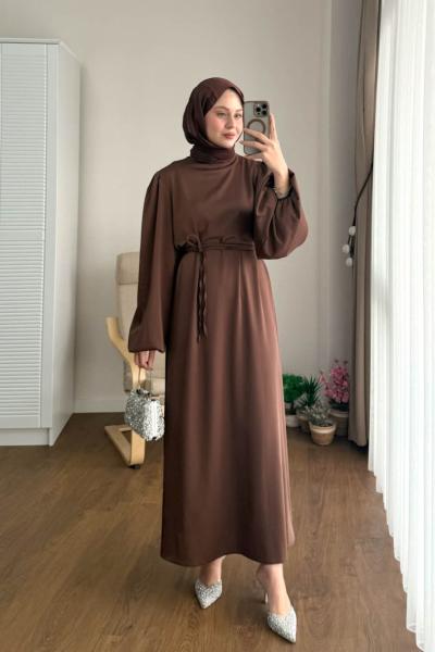 Balon Kol Saten Elbise Kahverengi