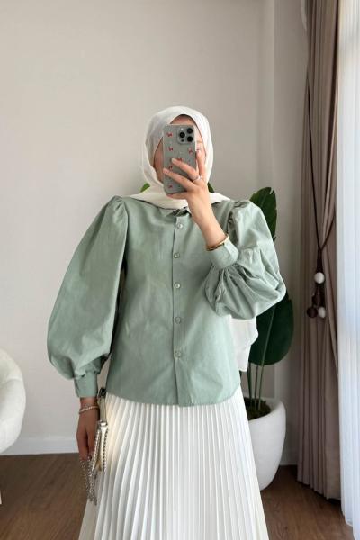 Balon Kol Kısa Gömlek  Yeşil