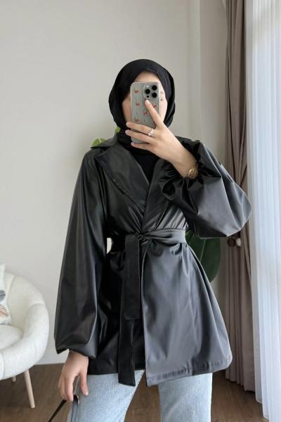 Balon Kol Beli Kuşaklı Deri Trenç  Siyah