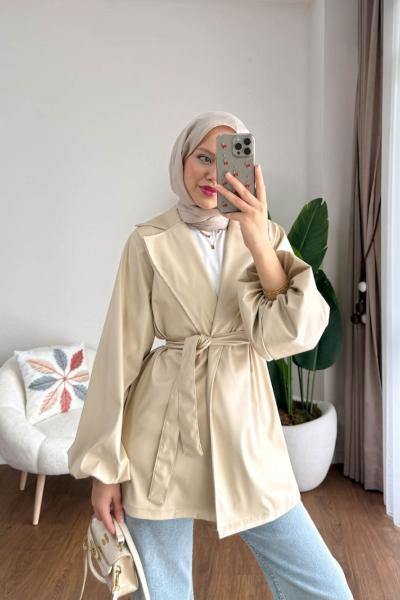 Balon Kol Beli Kuşaklı Deri Trenç  Taş Rengi