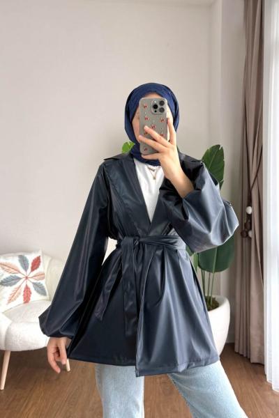 Balon Kol Beli Kuşaklı Deri Trenç  Lacivert