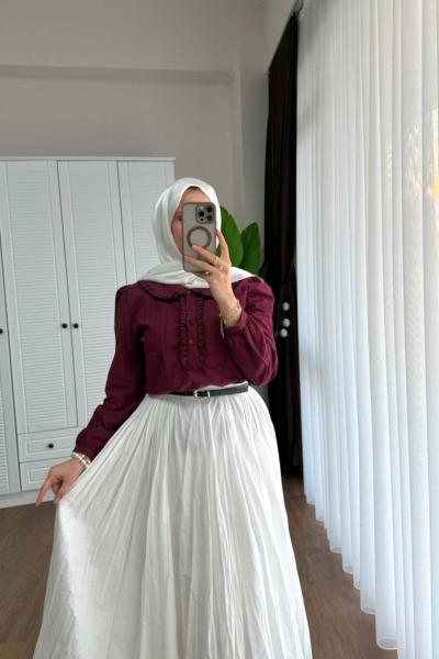 Bebe Yaka Fırfırlı Kısa Gömlek  Bordo