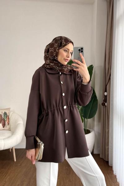 Beli Büzgülü Düğmeli Ceket  Kahverengi